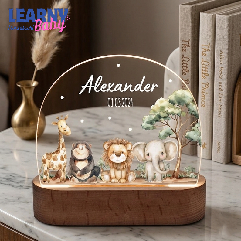 Personalized Jungle Animals LED Night Light, Kids Bedside Lamp