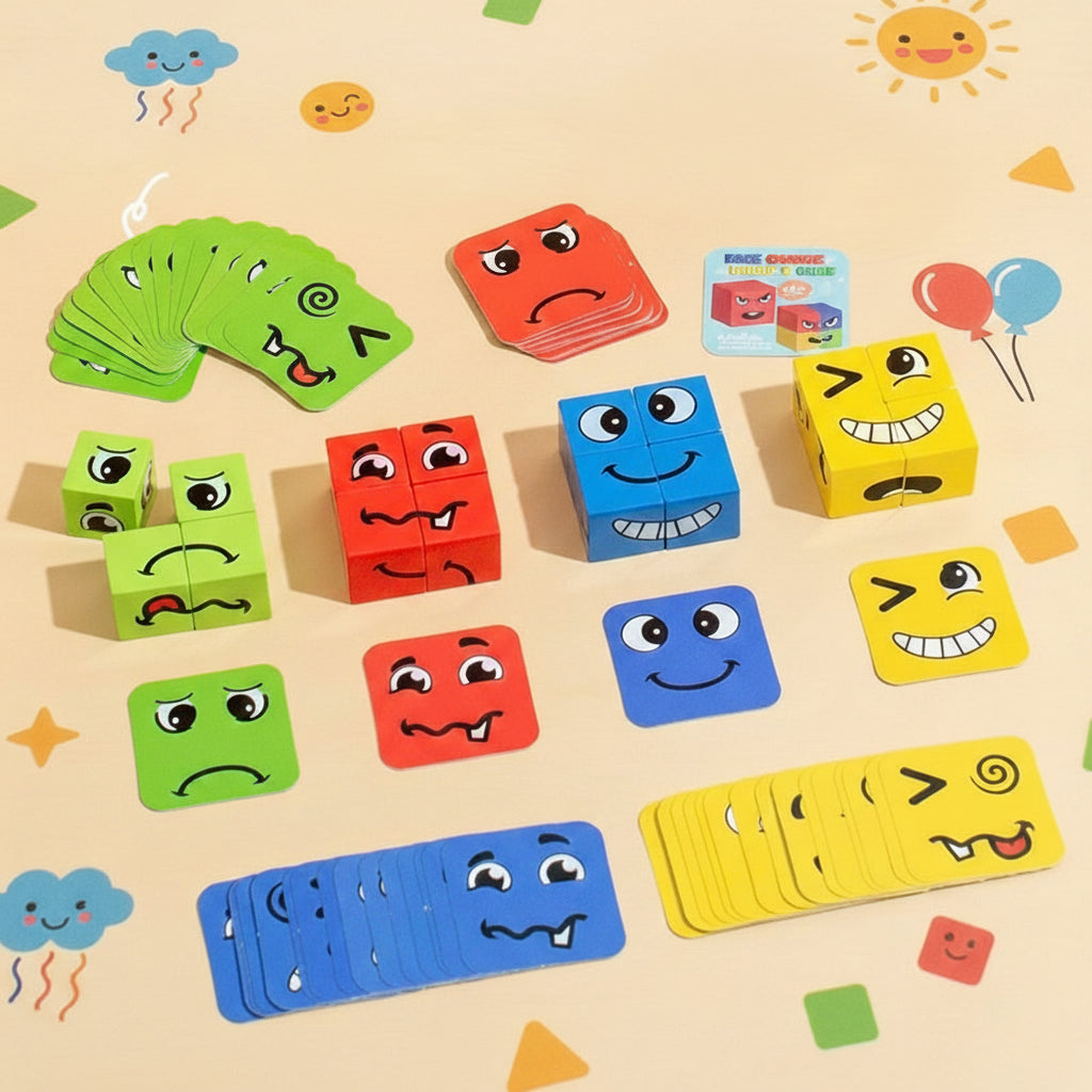 Wooden Emotion Cube Toy Set for Kids – 12 Facial Expression Blocks for Emotional Learning & Social Skills Development