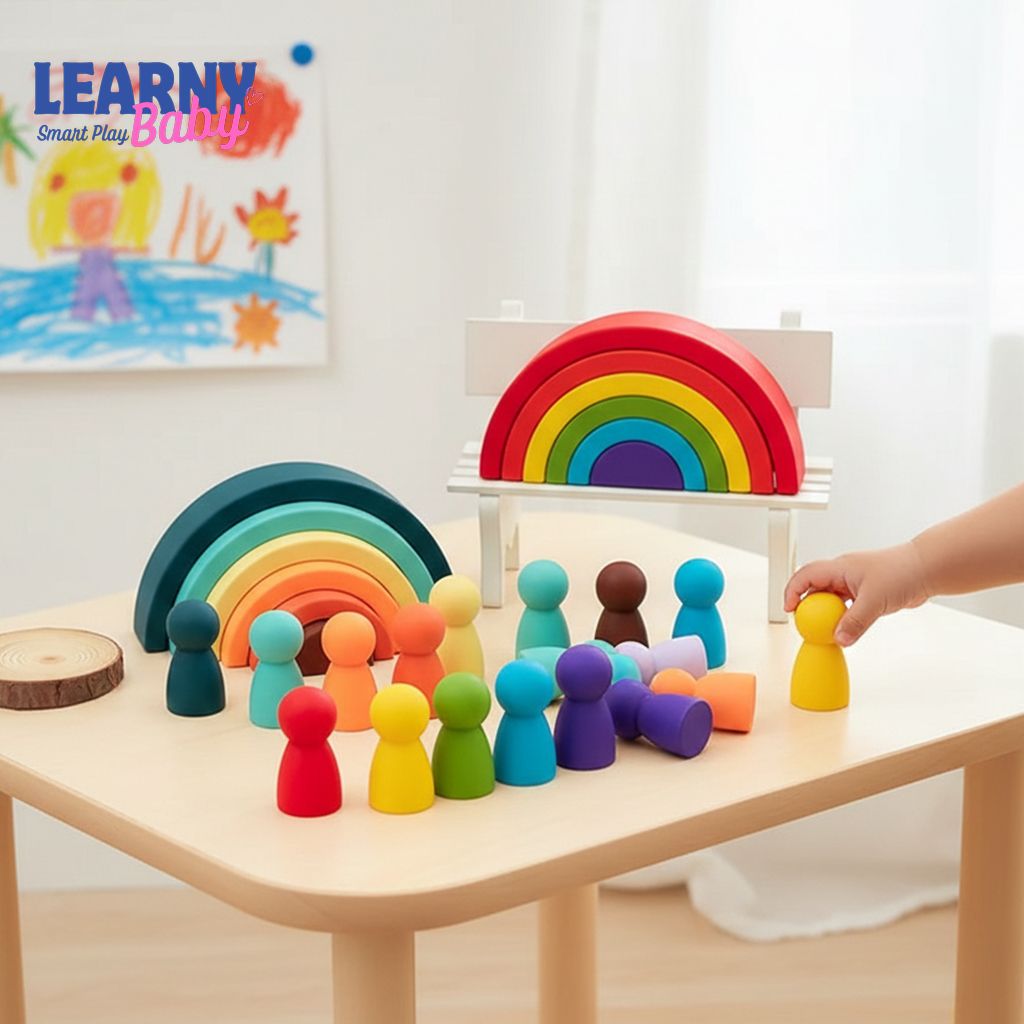 Silicone Geometric Rainbow Stacking Blocks Toy for Babies – BPA Free Montessori Building Blocks & Teether Baby Toy Gift