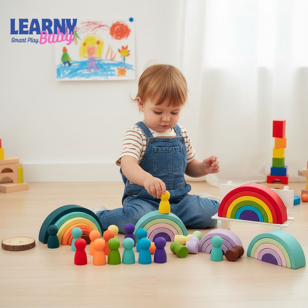 Silicone Geometric Rainbow Stacking Blocks Toy for Babies – BPA Free Montessori Building Blocks & Teether Baby Toy Gift