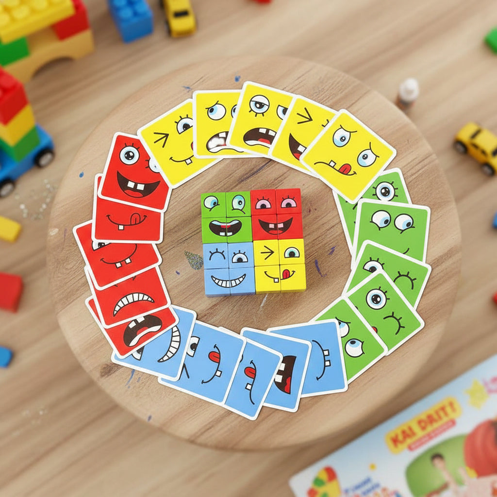 Wooden Emotion Cube Toy Set for Kids – 12 Facial Expression Blocks for Emotional Learning & Social Skills Development