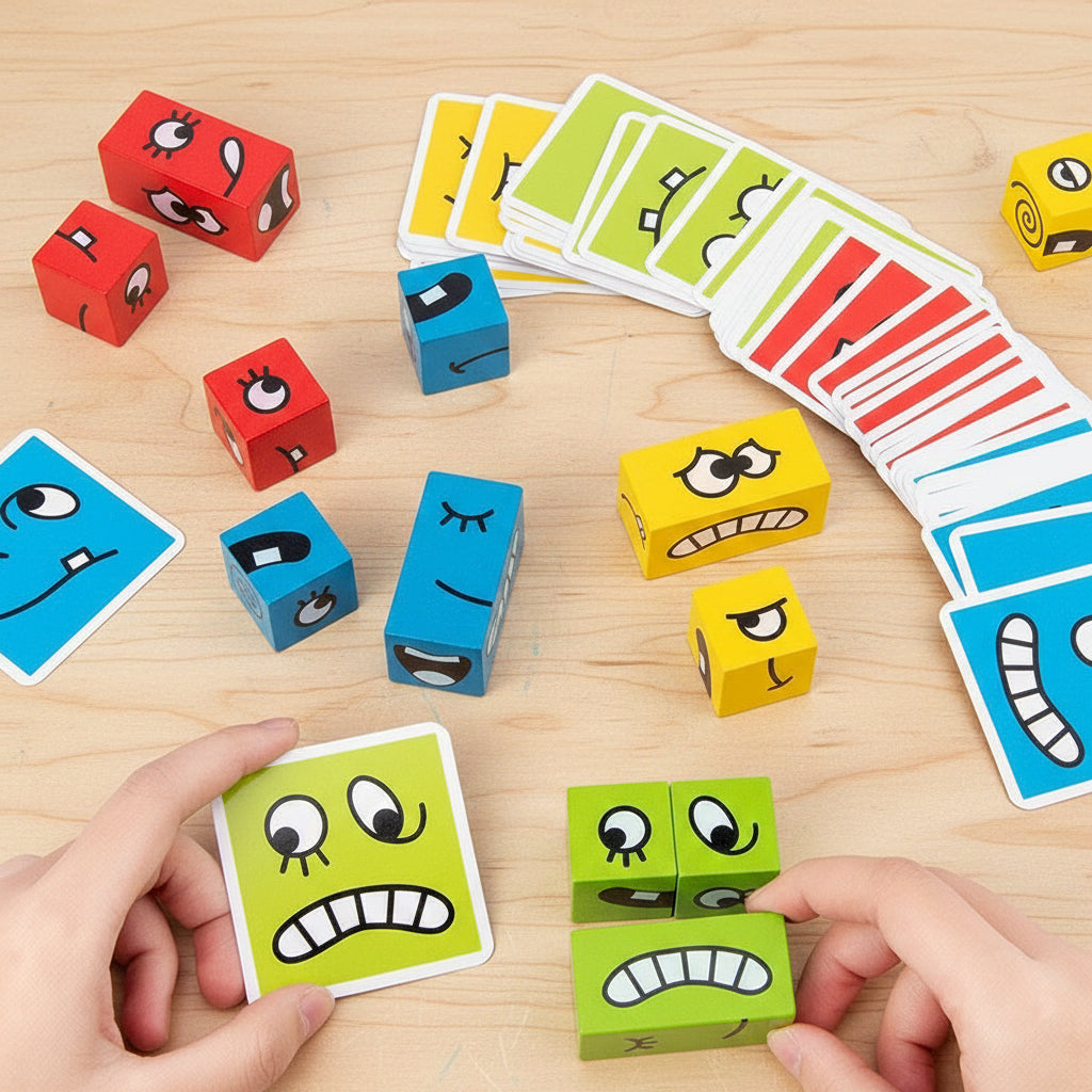 Wooden Emotion Cube Toy Set for Kids – 12 Facial Expression Blocks for Emotional Learning & Social Skills Development