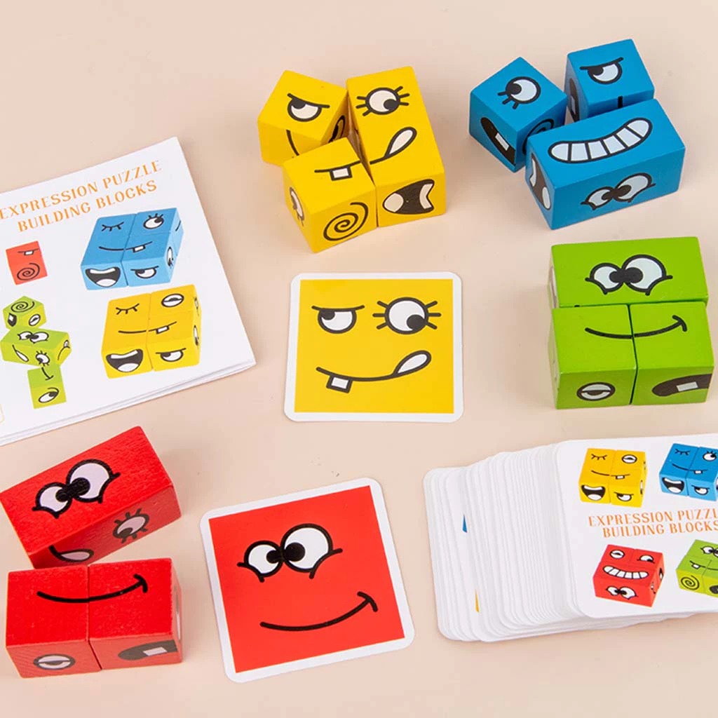 Expression Blocks Wooden Emotion Cube Toy Set for Kids – 12 Facial Expression Blocks for ...