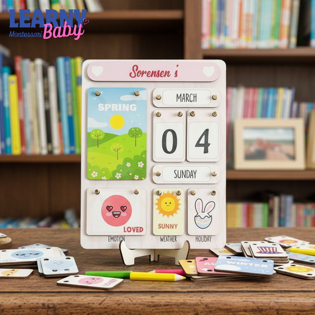 Montessori Wooden Perpetual Calendar for Kids, Learning Days Months Weather Board, Preschool Time Teaching Toy, Educational Classroom Decor