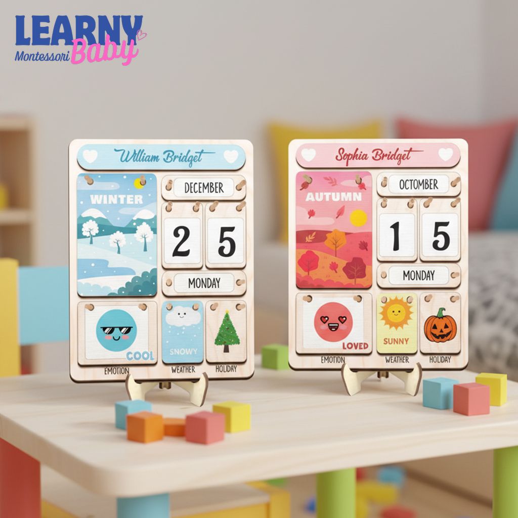 Montessori Wooden Perpetual Calendar for Kids, Learning Days Months Weather Board, Preschool Time Teaching Toy, Educational Classroom Decor