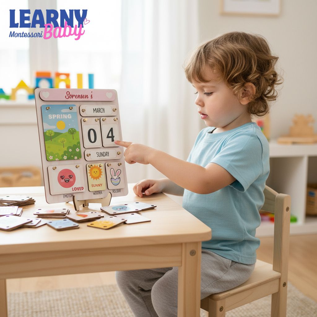 Montessori Wooden Perpetual Calendar for Kids, Learning Days Months Weather Board, Preschool Time Teaching Toy, Educational Classroom Decor
