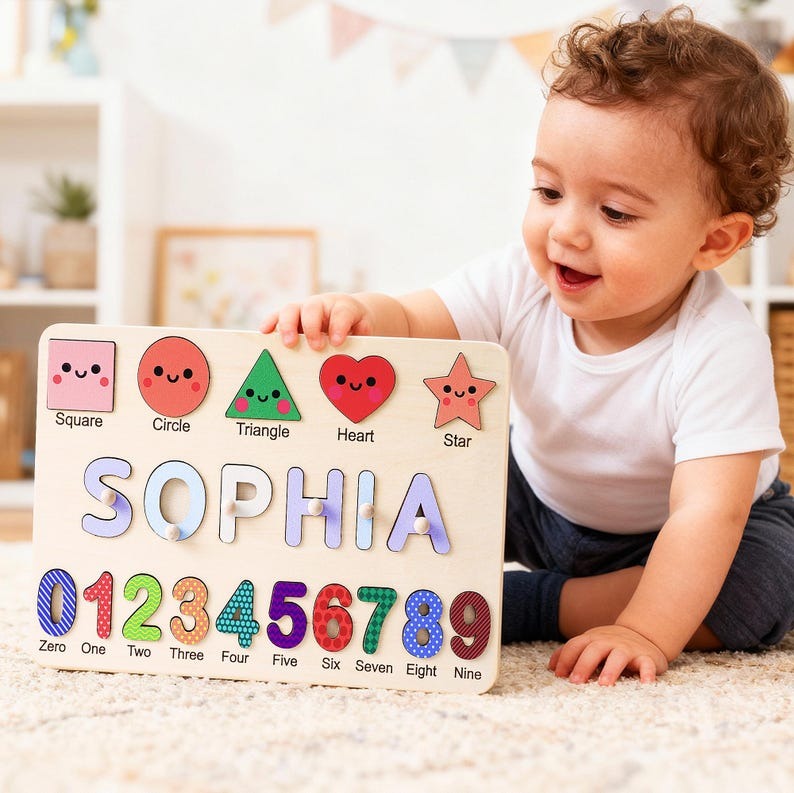 Personalized Baby Name Puzzle, Early Learning Busy Board, Wooden Baby Toy, Baby Room Decor, 1st Christmas Gift for kids, 1st Birthday Gift BBLB7