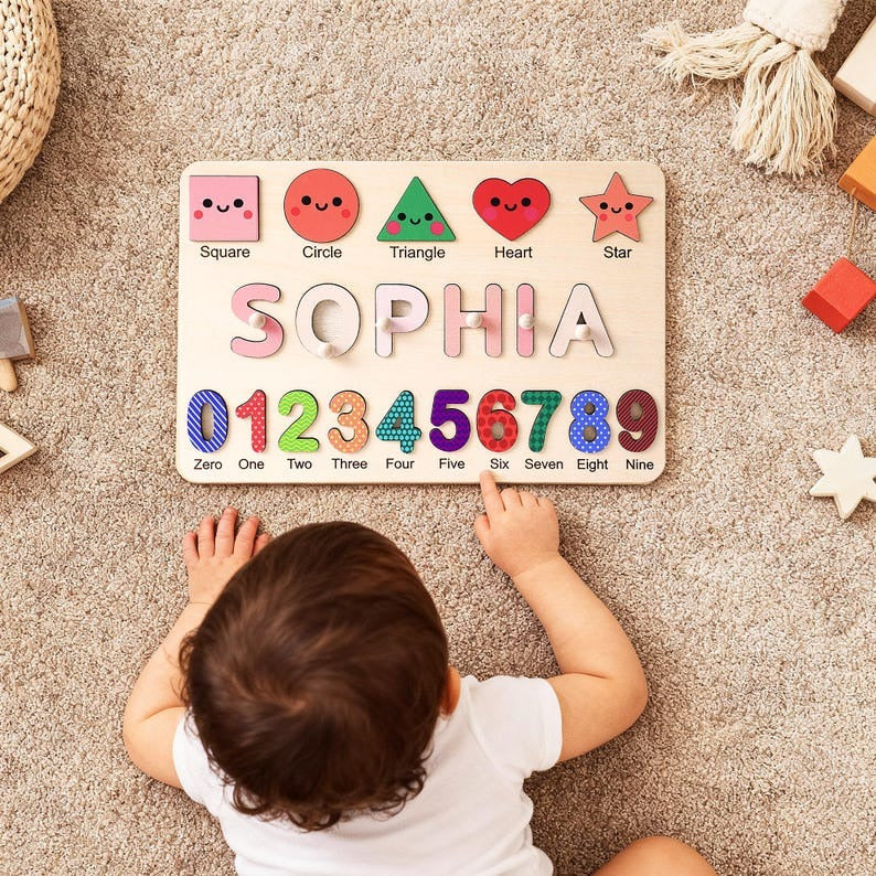 Personalized Baby Name Puzzle, Early Learning Busy Board, Wooden Baby Toy, Baby Room Decor, 1st Christmas Gift for kids, 1st Birthday Gift BBLB7