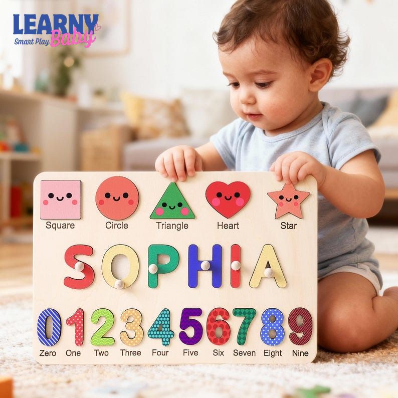 Personalized Baby Name Puzzle, Early Learning Busy Board, Wooden Baby Toy, Baby Room Decor, 1st Christmas Gift for kids, 1st Birthday Gift BBLB7