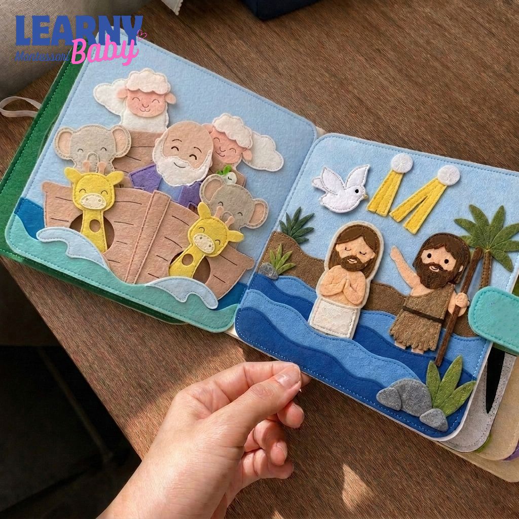 Handmade Bible Quiet Book for Toddlers, Personalized Felt Storybook, Christian Activity Book, Jesus Loves Me Gift, Noah’s Ark Book QBLB55