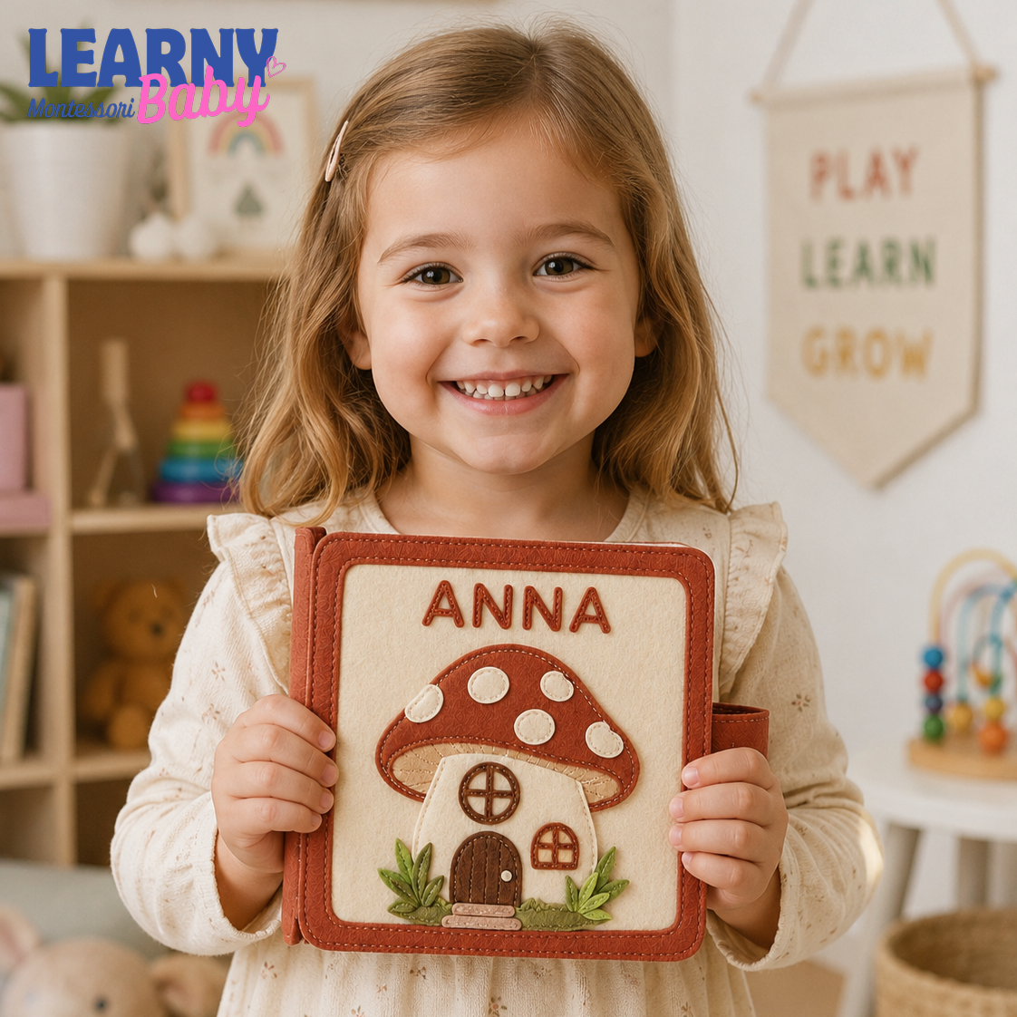 Personalized Mushroom Busy Book for Toddlers, Custom Name Quiet Book, Cottagecore Felt Learning Activity Book QBLB60