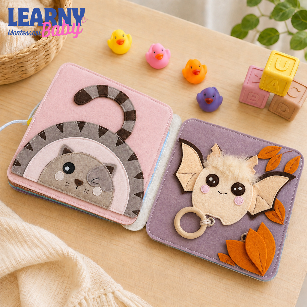 Personalized Cat Busy Book for Toddler Girls, Custom Name Pink Felt Quiet Book, Montessori Sensory Learning Toy QBLB61