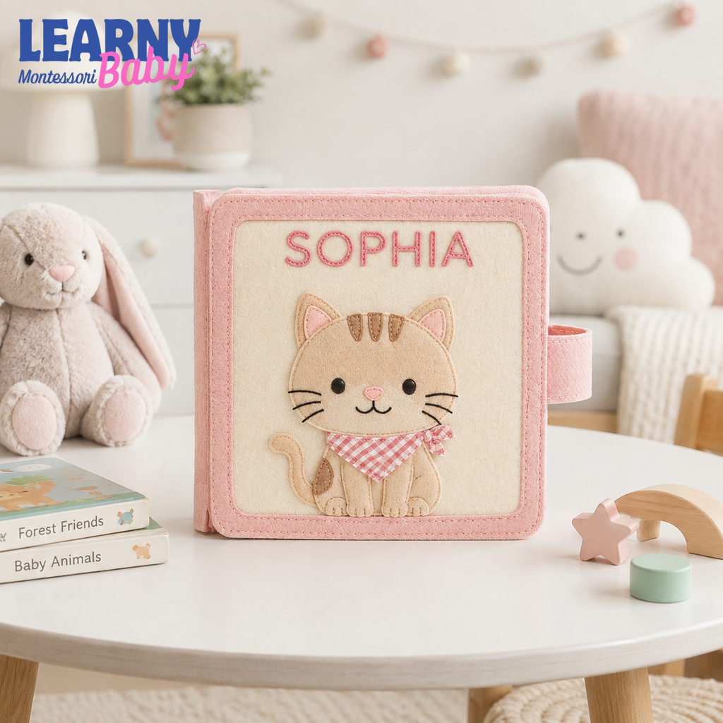 Personalized Cat Busy Book for Toddler Girls, Custom Name Pink Felt Quiet Book, Montessori Sensory Learning Toy QBLB61