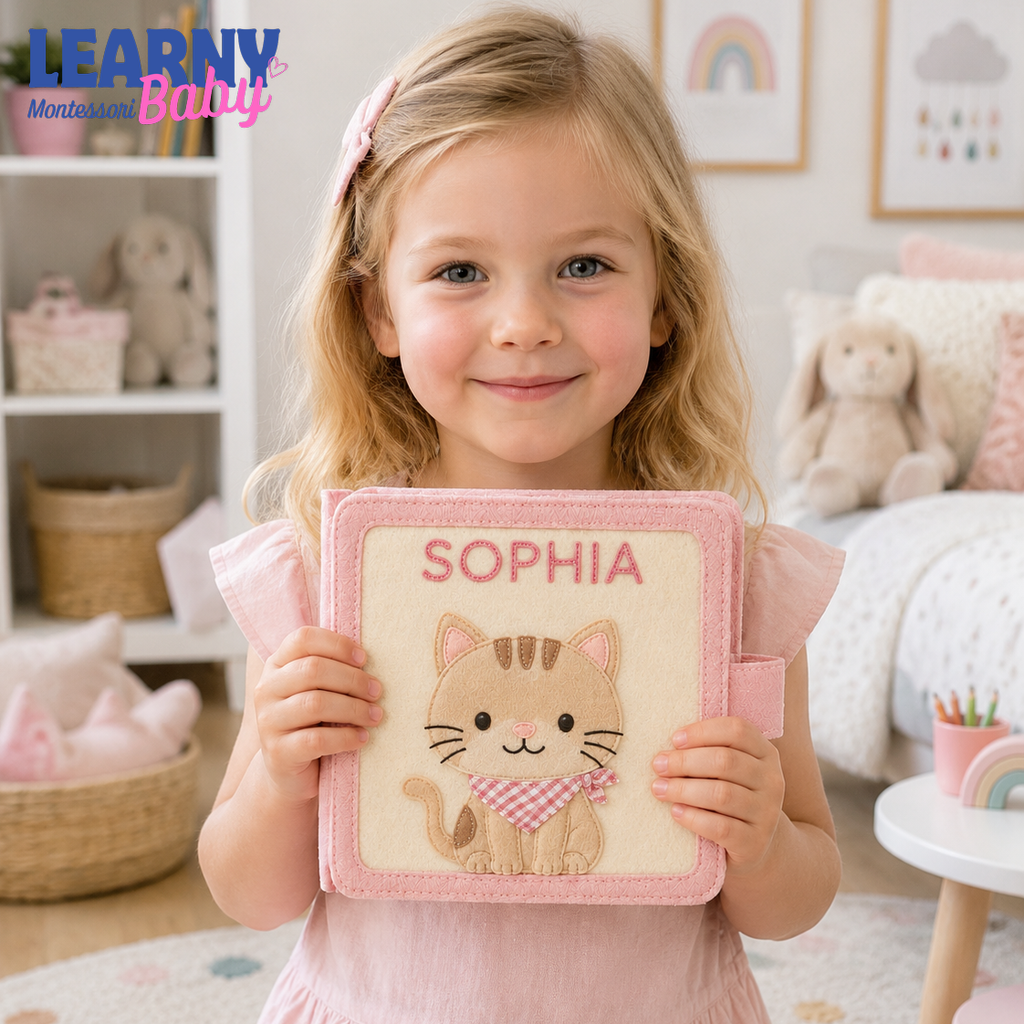 Personalized Cat Busy Book for Toddler Girls, Custom Name Pink Felt Quiet Book, Montessori Sensory Learning Toy QBLB61
