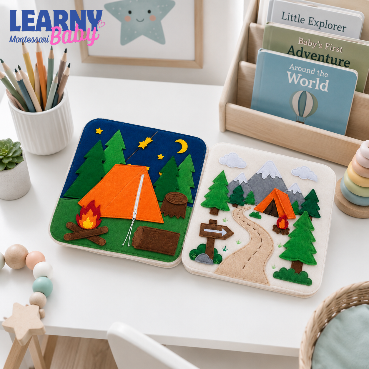 Adventure Busy Book for Toddlers, Handmade Felt Quiet Book, Camping Learning Toy, Personalized Montessori Baby Gift QBLB68