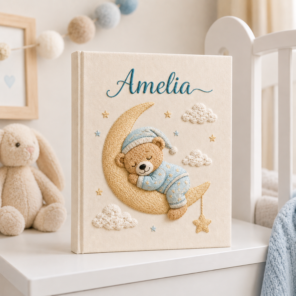 Personalized Sleeping Bear Baby Photo Album, Custom Hand Embroidered Moon Star Keepsake Album with Sleeves, Baby Memory Book EPLB16