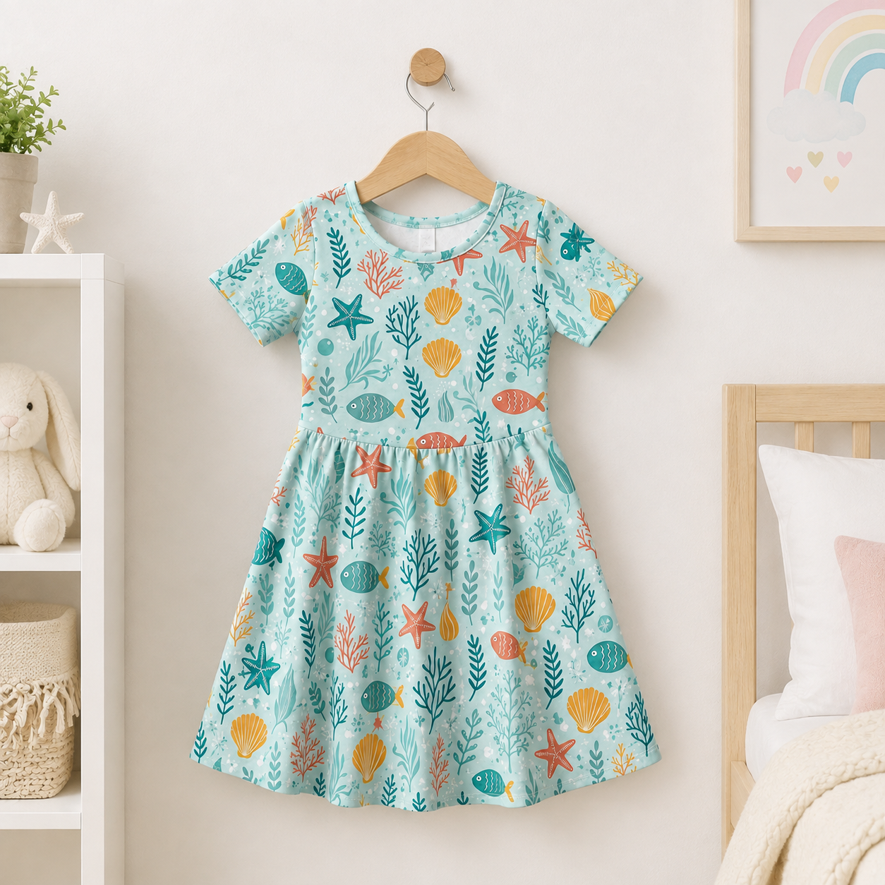 Under the Sea Bamboo Twirl Dress for Girls – Fish, Coral & Seashell Dress