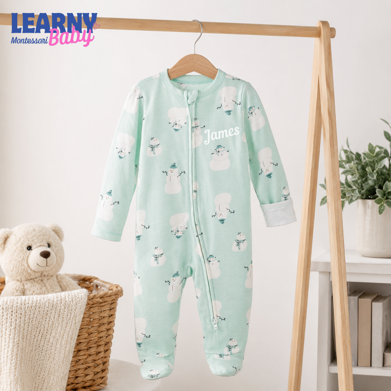 Mint Snowman Bamboo Baby Zippy Footie – Winter Zip Pajamas