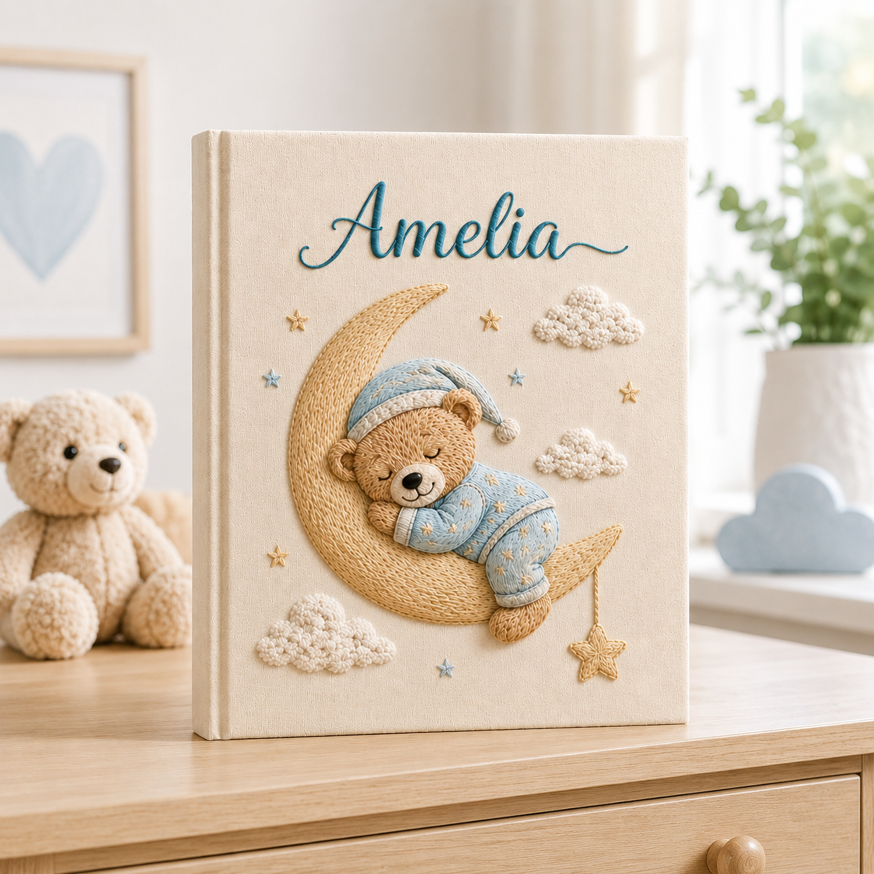 Personalized Sleeping Bear Baby Photo Album, Custom Hand Embroidered Moon Star Keepsake Album with Sleeves, Baby Memory Book EPLB16