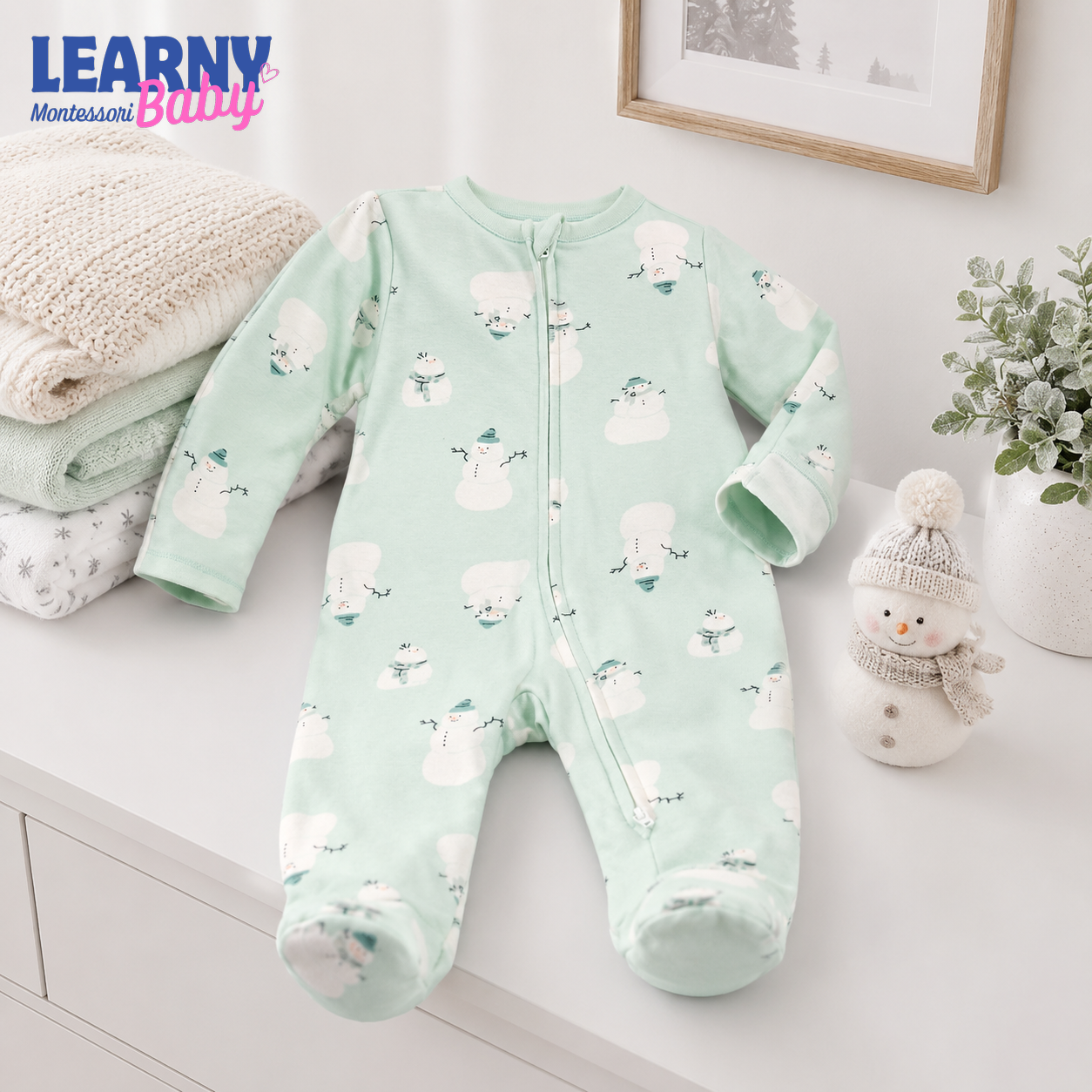 Mint Snowman Bamboo Baby Zippy Footie – Winter Zip Pajamas