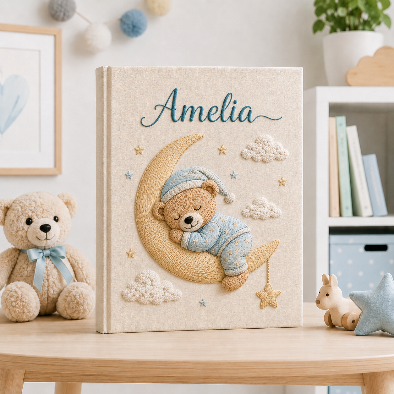 Personalized Sleeping Bear Baby Photo Album, Custom Hand Embroidered Moon Star Keepsake Album with Sleeves, Baby Memory Book EPLB16