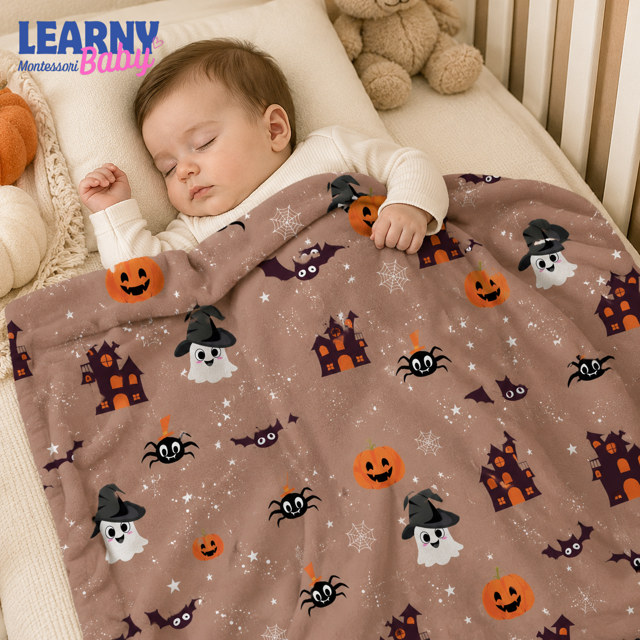 Haunted House Halloween Bamboo Baby Blanket, Pumpkin Ghost Bat Nursery Throw, Cozy Fall Blanket for Kids