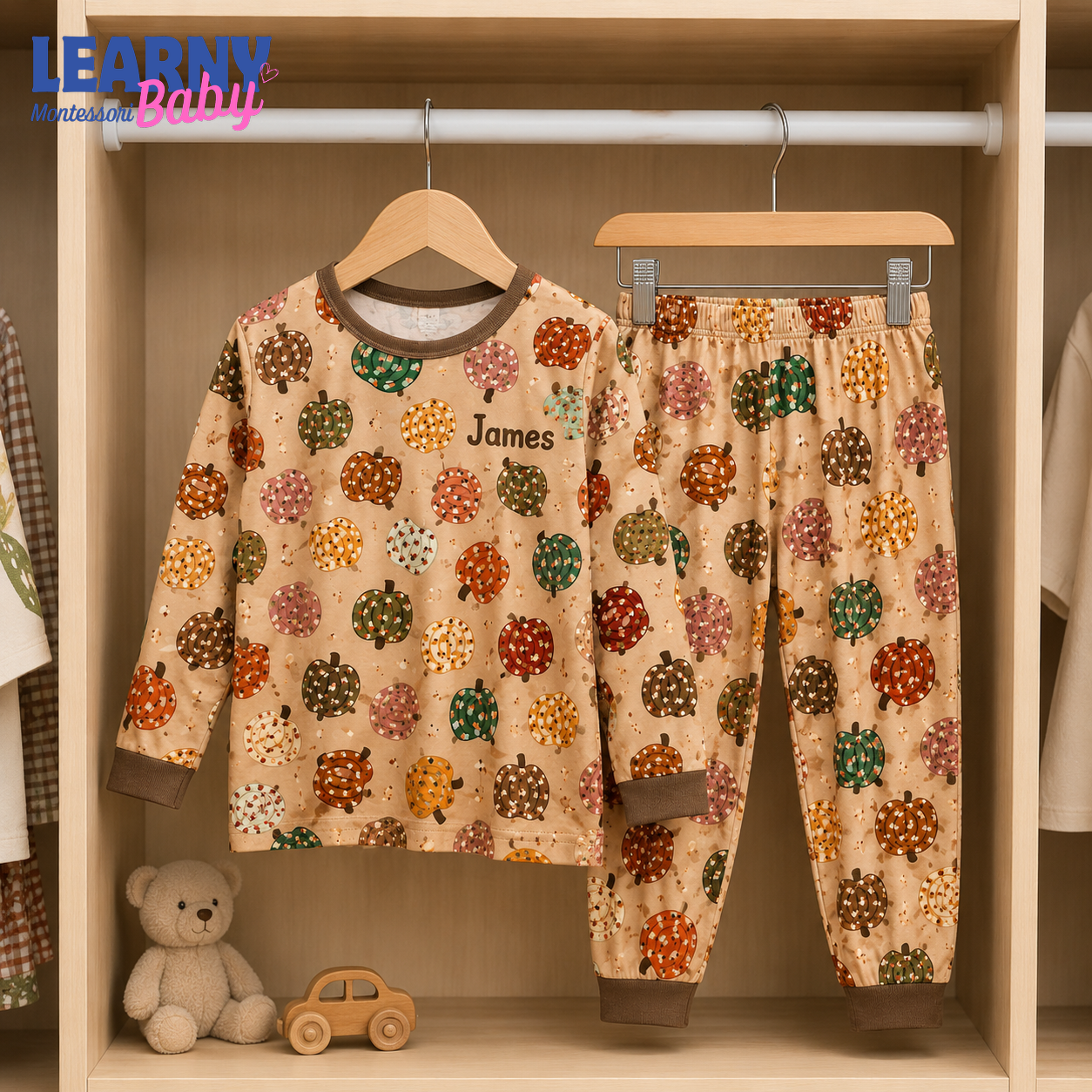 Personalized Pumpkin Bamboo Pajamas for Boys, Custom Name Colorful Fall Pumpkin Short Sleeve Sleepwear Set