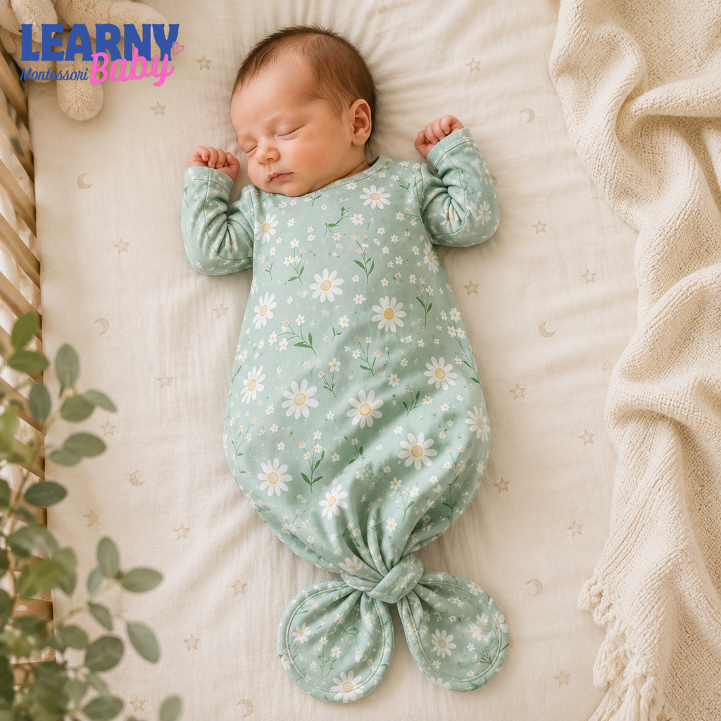Newborn Baby Knotted Gown, Sage Green Daisy Bamboo Sleeper, Floral Baby Girl Outfit