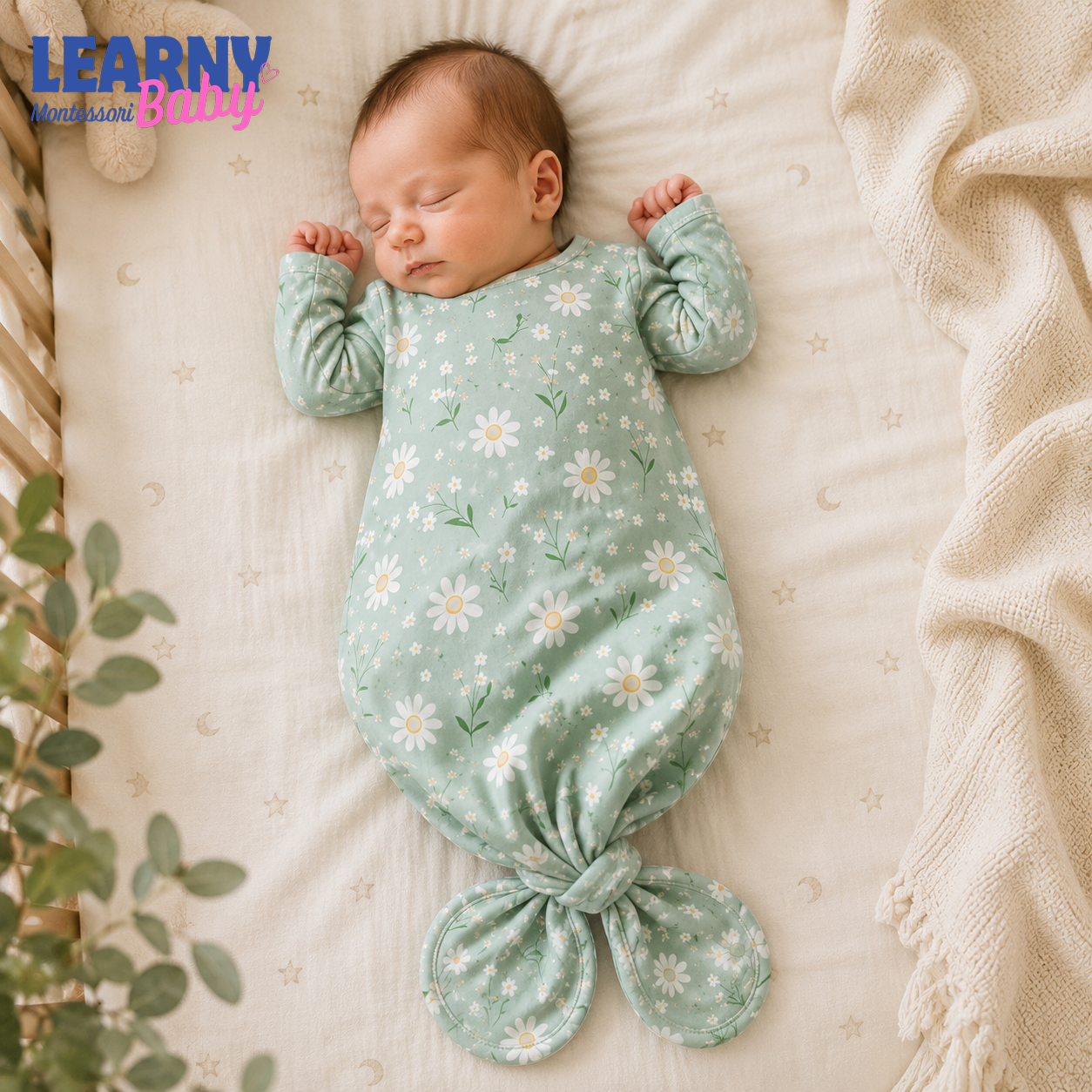 Newborn Baby Knotted Gown, Sage Green Daisy Bamboo Sleeper, Floral Baby Girl Outfit