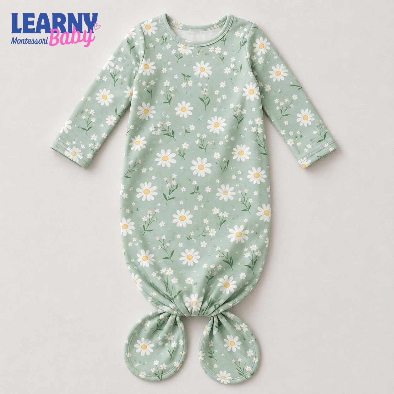 Newborn Baby Knotted Gown, Sage Green Daisy Bamboo Sleeper, Floral Baby Girl Outfit