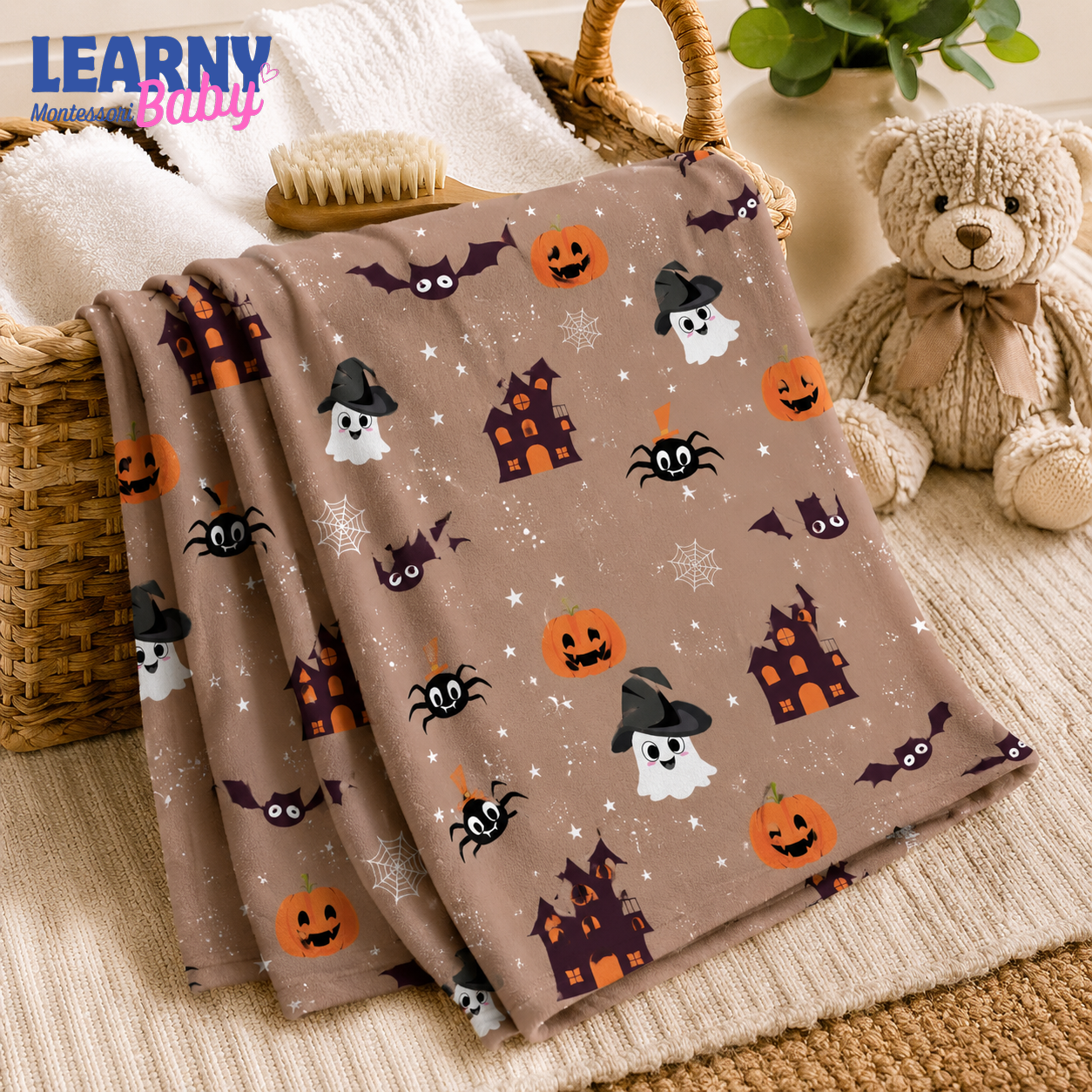 Haunted House Halloween Bamboo Baby Blanket, Pumpkin Ghost Bat Nursery Throw, Cozy Fall Blanket for Kids