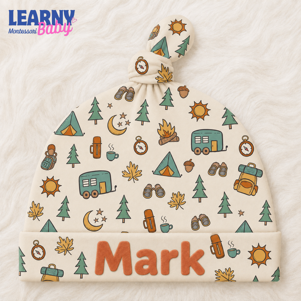 Personalized Camping Bamboo Baby Knotted Hat, Custom Name Newborn Beanie, Woodland Adventure Baby Boy Hat