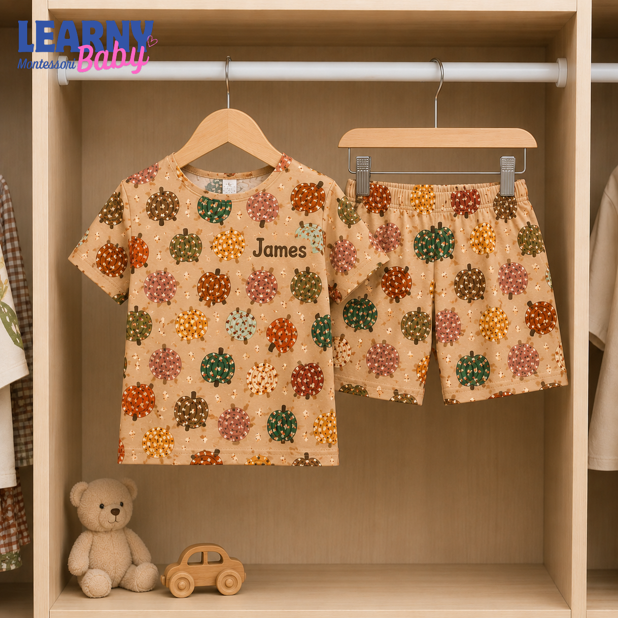 Personalized Pumpkin Bamboo Pajamas for Boys, Custom Name Colorful Fall Pumpkin Short Sleeve Sleepwear Set