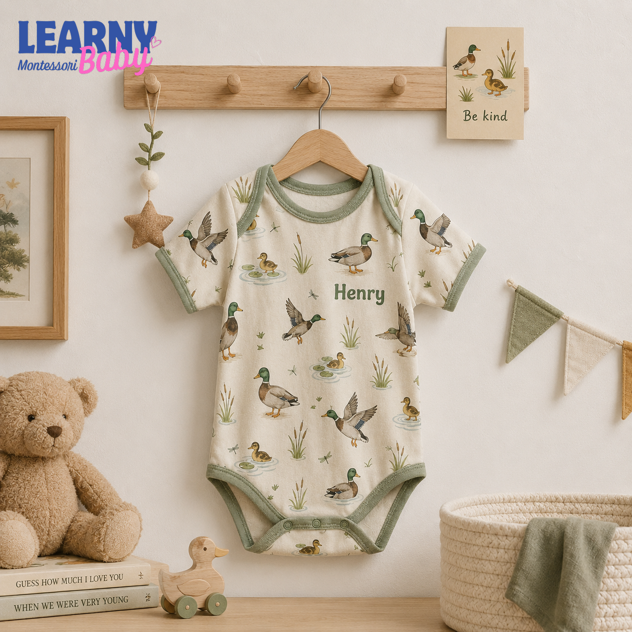 Bamboo Baby Bodysuit, Personalized Mallard Duck Baby Onesie, Soft Bamboo Viscose Infant Bodysuit