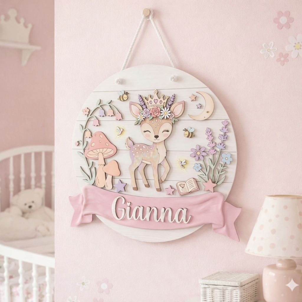 Personalized Deer Nursery Name Sign, Woodland Wall Decor, Custom Kids Room Art