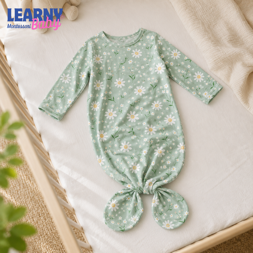Newborn Baby Knotted Gown, Sage Green Daisy Bamboo Sleeper, Floral Baby Girl Outfit