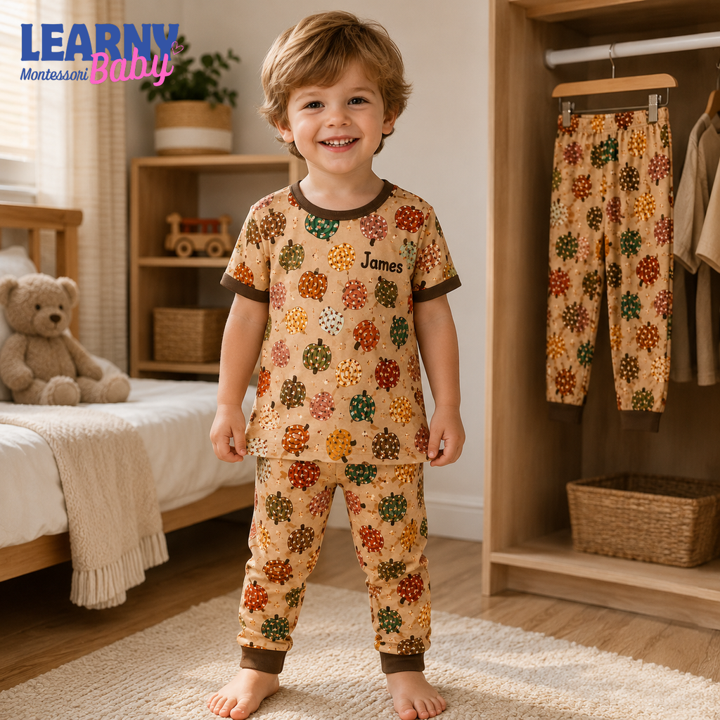 Personalized Pumpkin Bamboo Pajamas for Boys, Custom Name Colorful Fall Pumpkin Short Sleeve Sleepwear Set