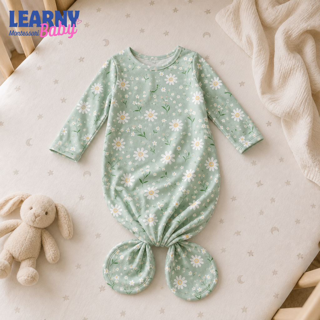 Newborn Baby Knotted Gown, Sage Green Daisy Bamboo Sleeper, Floral Baby Girl Outfit