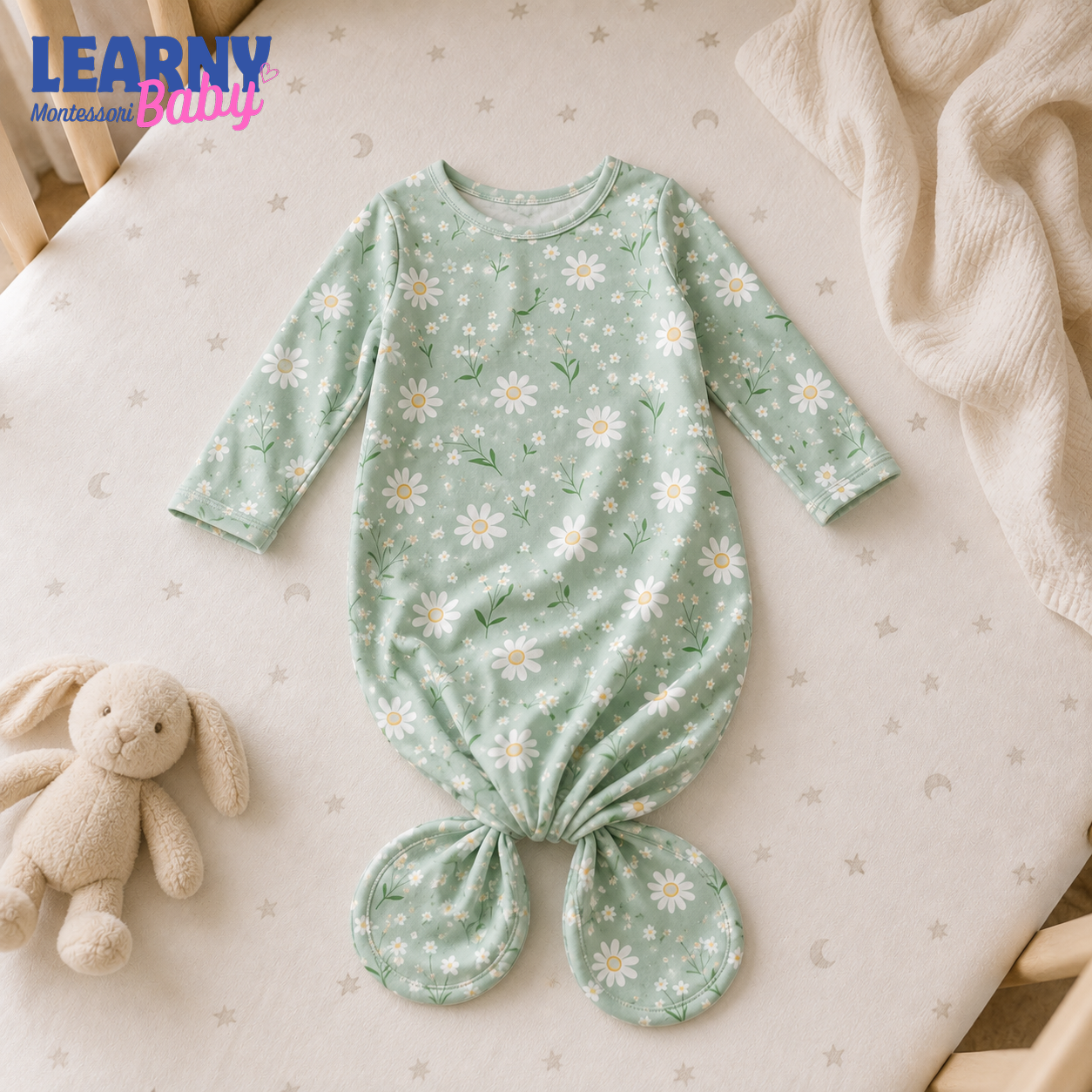 Newborn Baby Knotted Gown, Sage Green Daisy Bamboo Sleeper, Floral Baby Girl Outfit