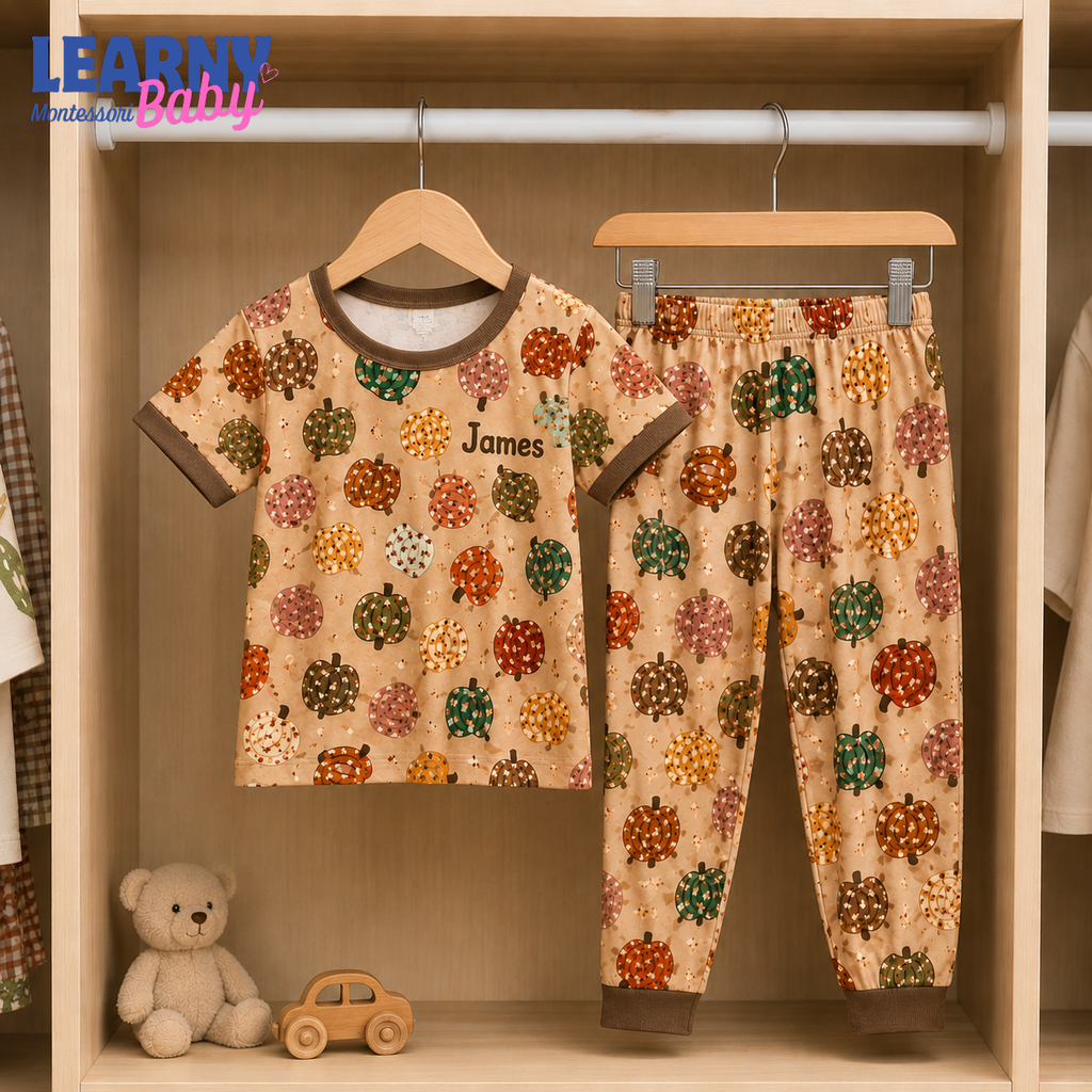 Personalized Pumpkin Bamboo Pajamas for Boys, Custom Name Colorful Fall Pumpkin Short Sleeve Sleepwear Set