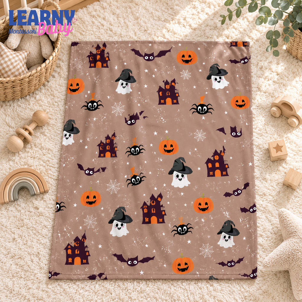 Haunted House Halloween Bamboo Baby Blanket, Pumpkin Ghost Bat Nursery Throw, Cozy Fall Blanket for Kids