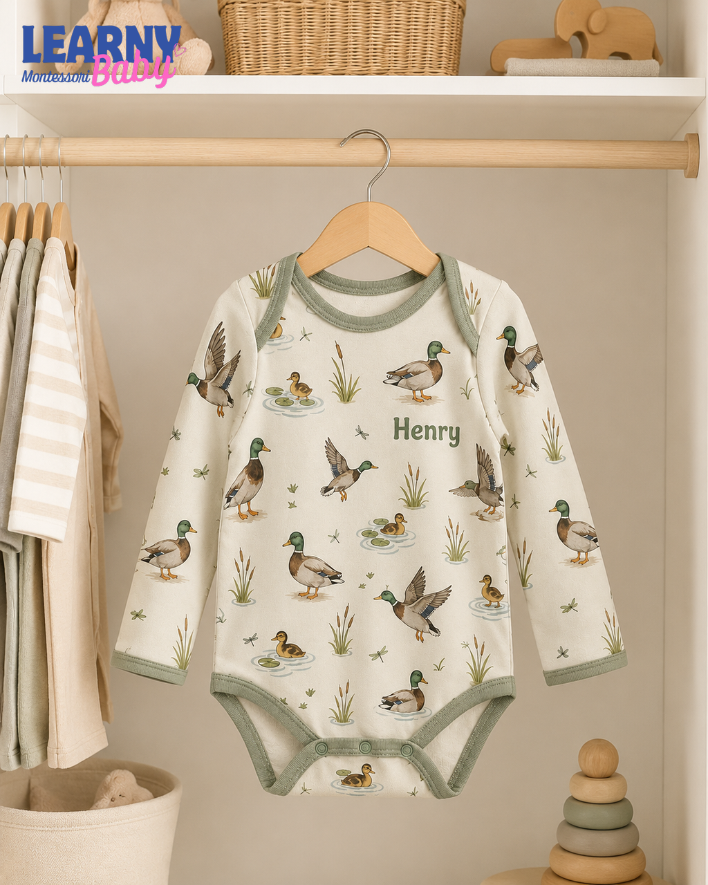 Bamboo Baby Bodysuit, Personalized Mallard Duck Baby Onesie, Soft Bamboo Viscose Infant Bodysuit