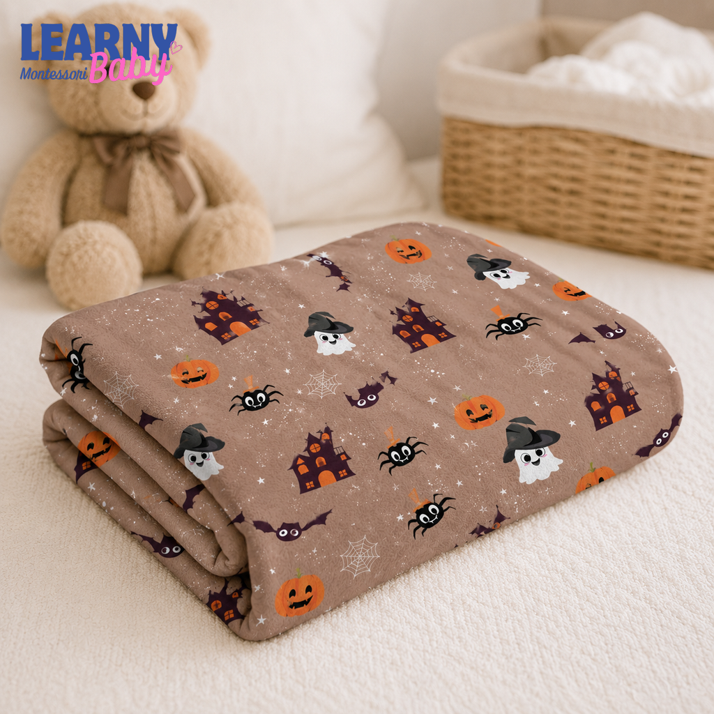 Haunted House Halloween Bamboo Baby Blanket, Pumpkin Ghost Bat Nursery Throw, Cozy Fall Blanket for Kids