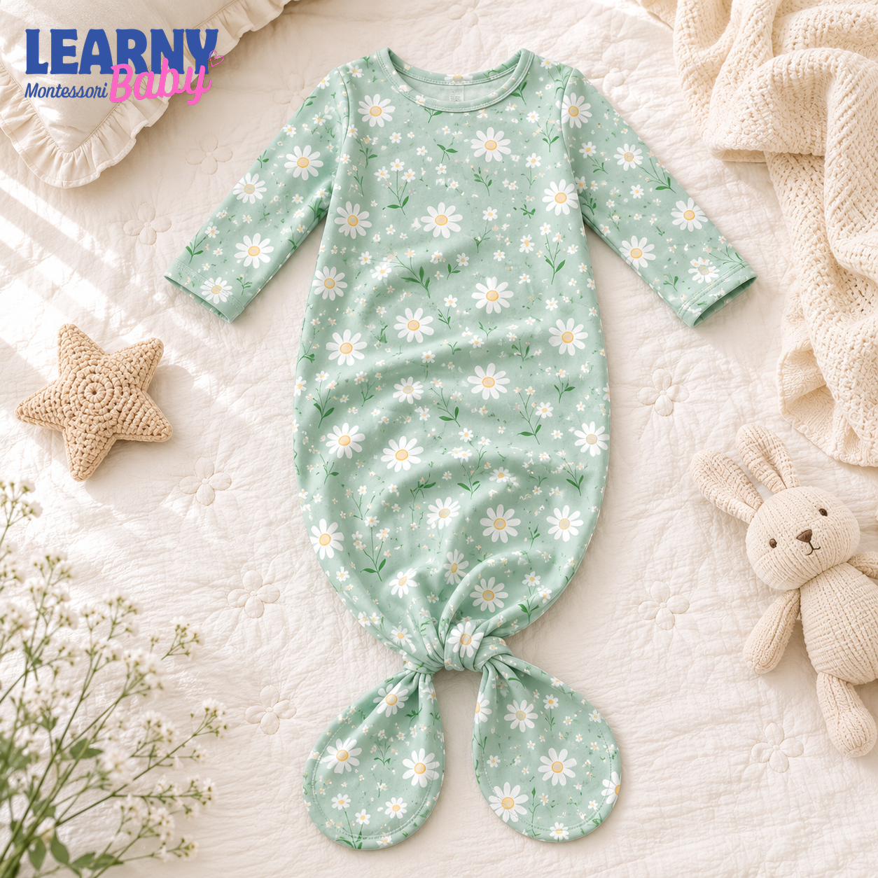 Newborn Baby Knotted Gown, Sage Green Daisy Bamboo Sleeper, Floral Baby Girl Outfit