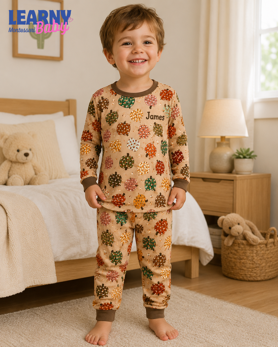 Personalized Pumpkin Bamboo Pajamas for Boys, Custom Name Colorful Fall Pumpkin Short Sleeve Sleepwear Set