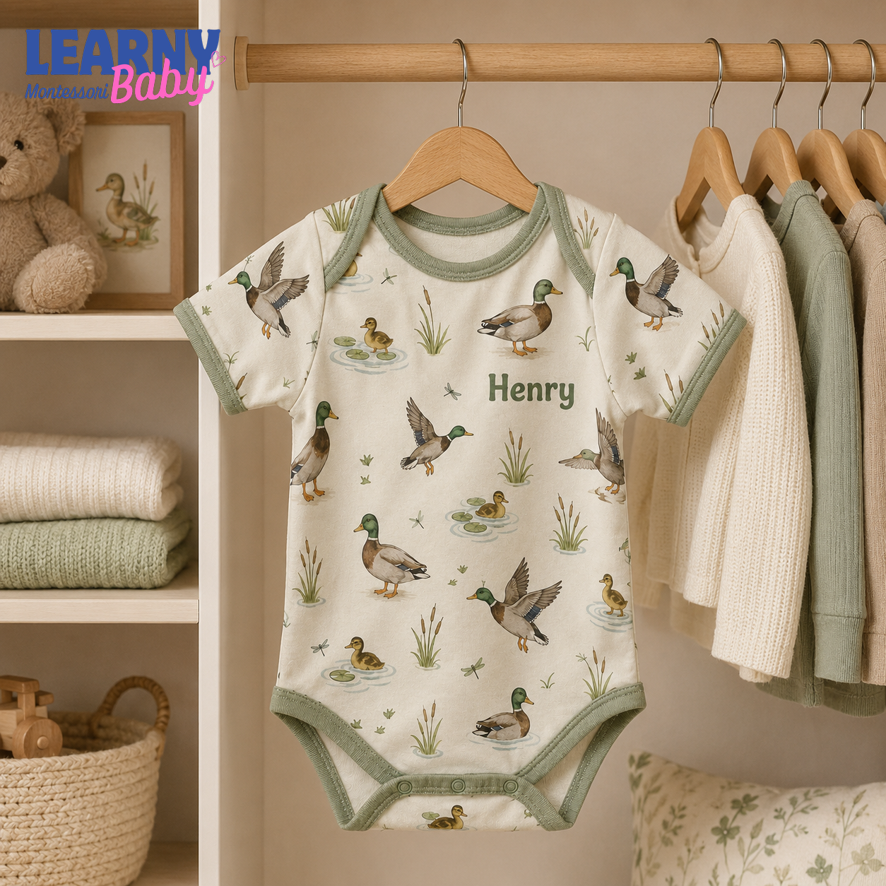 Bamboo Baby Bodysuit, Personalized Mallard Duck Baby Onesie, Soft Bamboo Viscose Infant Bodysuit