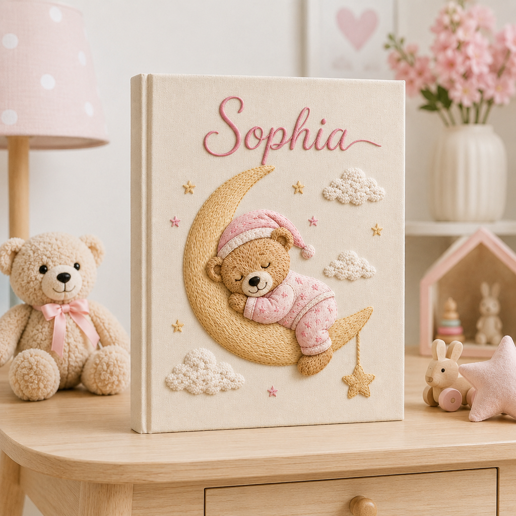 Personalized Sleeping Bear Baby Photo Album, Custom Hand Embroidered Moon Star Keepsake Album with Sleeves, Baby Memory Book EPLB16
