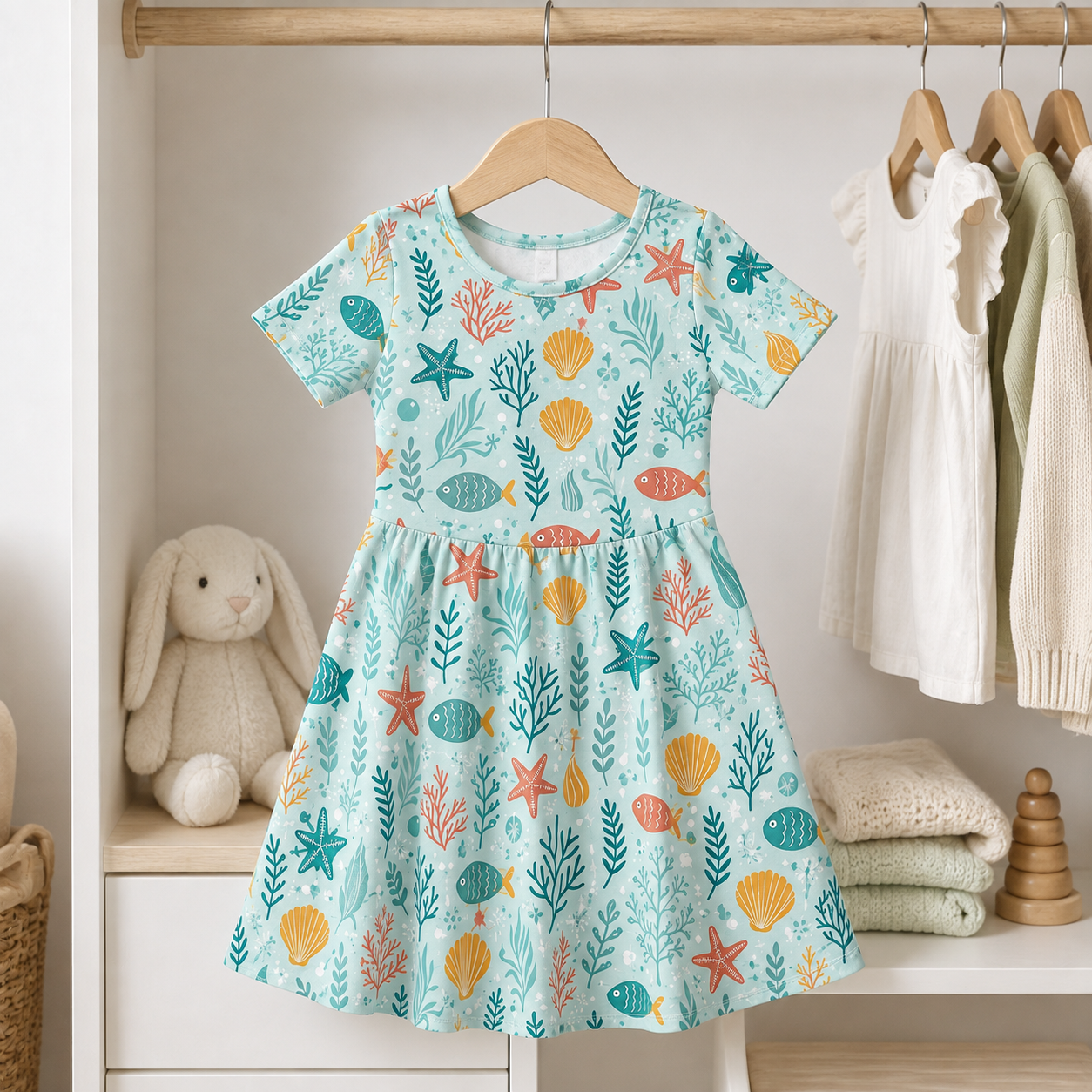 Under the Sea Bamboo Twirl Dress for Girls – Fish, Coral & Seashell Dress
