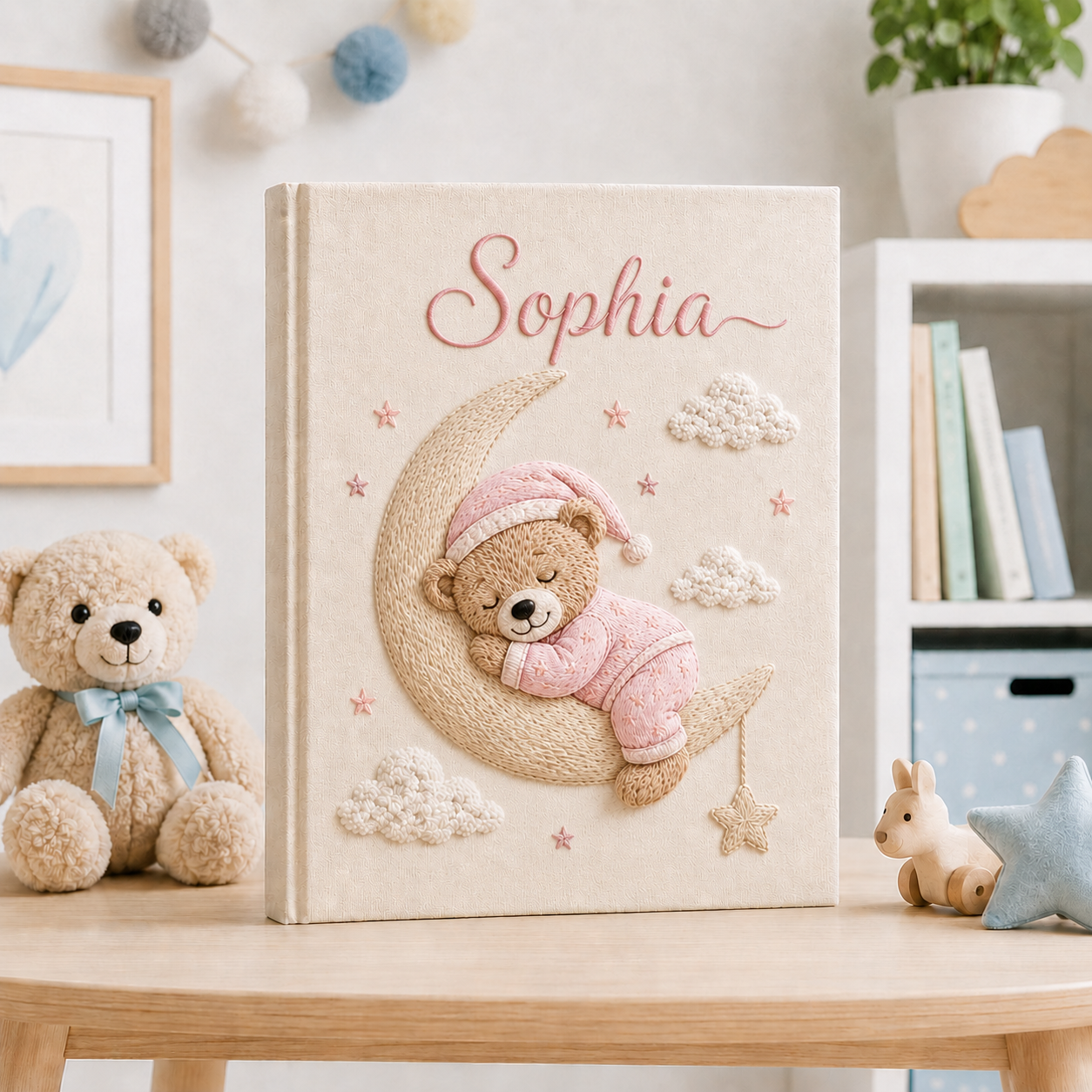 Personalized Sleeping Bear Baby Photo Album, Custom Hand Embroidered Moon Star Keepsake Album with Sleeves, Baby Memory Book EPLB16
