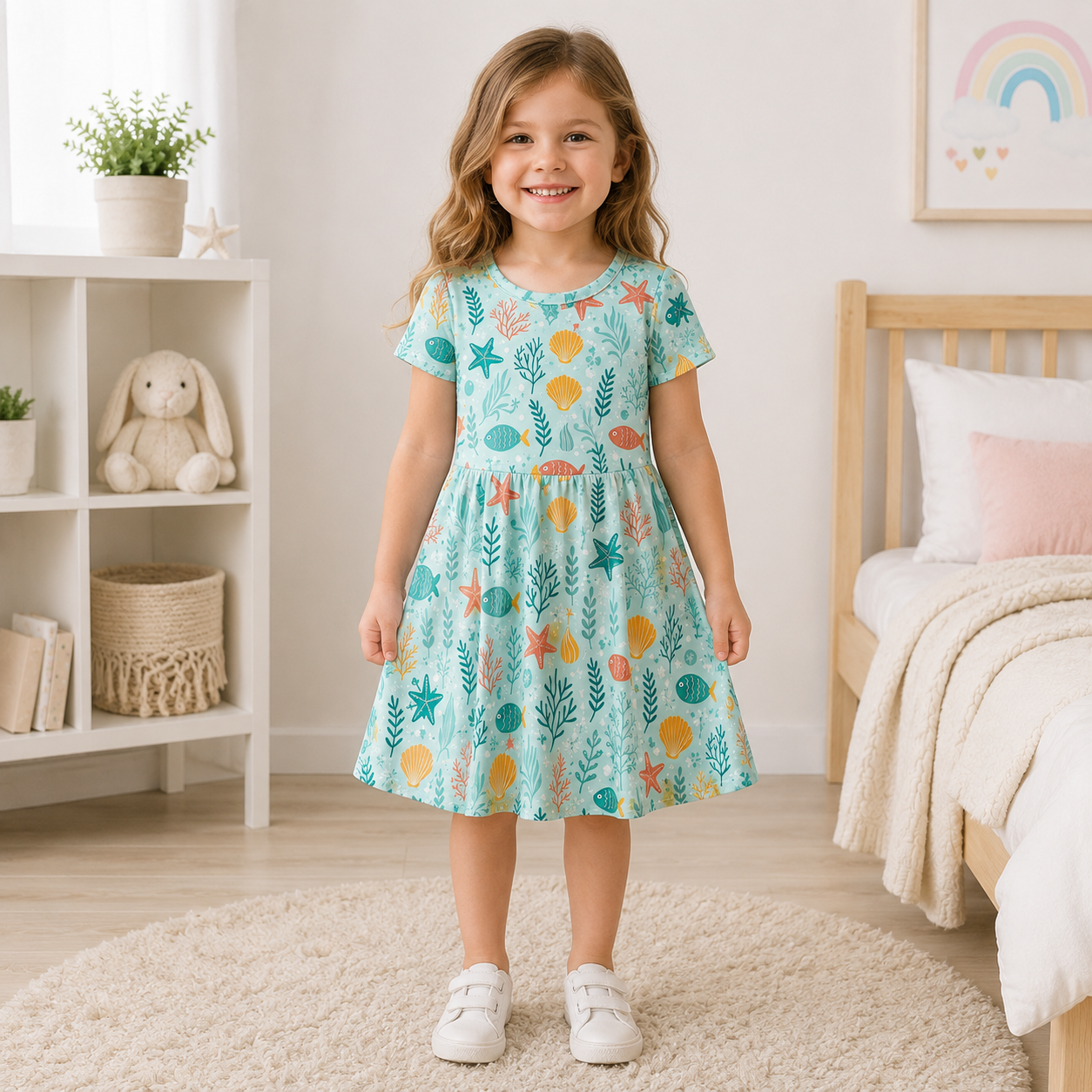 Under the Sea Bamboo Twirl Dress for Girls – Fish, Coral & Seashell Dress
